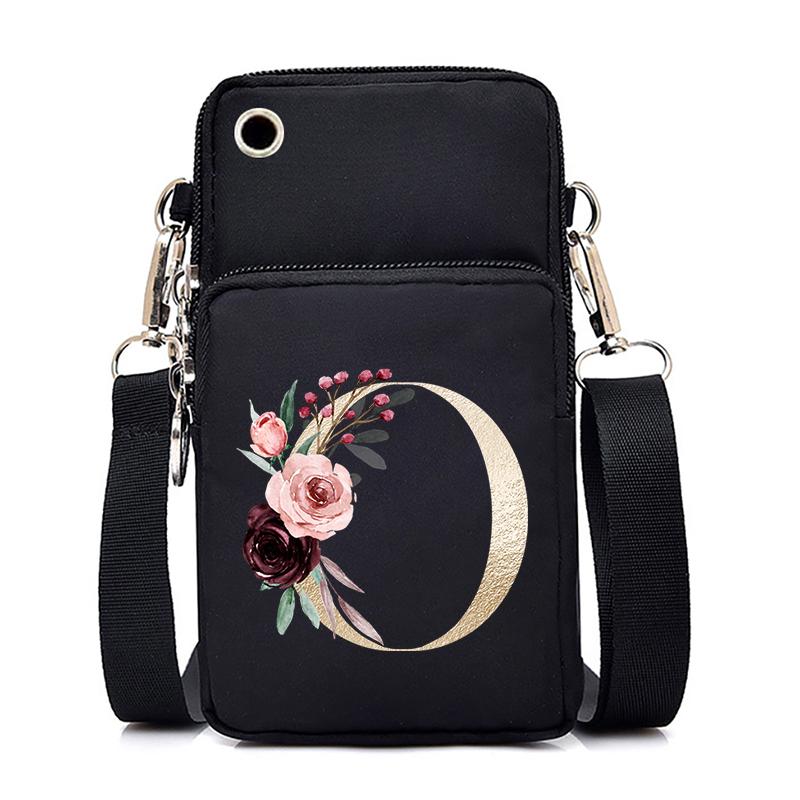 Gold Color Letters A B C D Mini Mobile Phone Bag Pink Flower Alphabet Vertical Handbag 26 Initials Flower Woman Purse Handbags