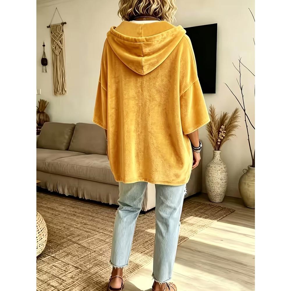 Damska gładka welurowa bluza z kapturem i rękawem 3/4, casualowy top hoodie na jesień zimę