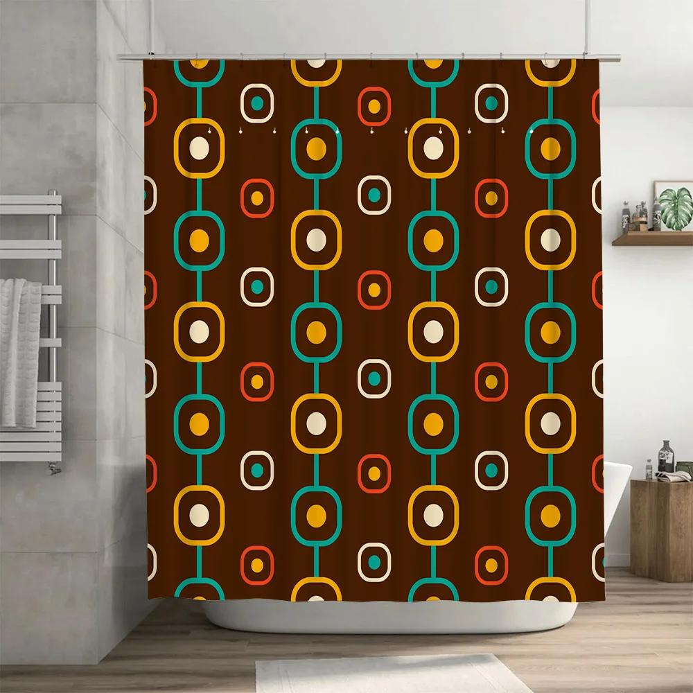 Vintage Retro Shower Curtain with Geometric Pattern Decorative Bath Liner for Bathroom Set Includes 12 Hooks (Brown)