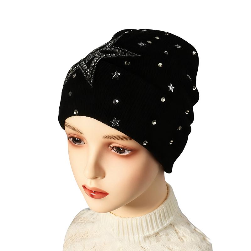 Autumn Winter Knitted Hat And Gloves With Embellished Rhinestones Acrylic Material Warm Fashionable Two-Piece Ensemble