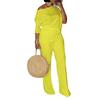 Women's Autumn Fashion Solid Slant Neck Top with Wide Leg Pants Set