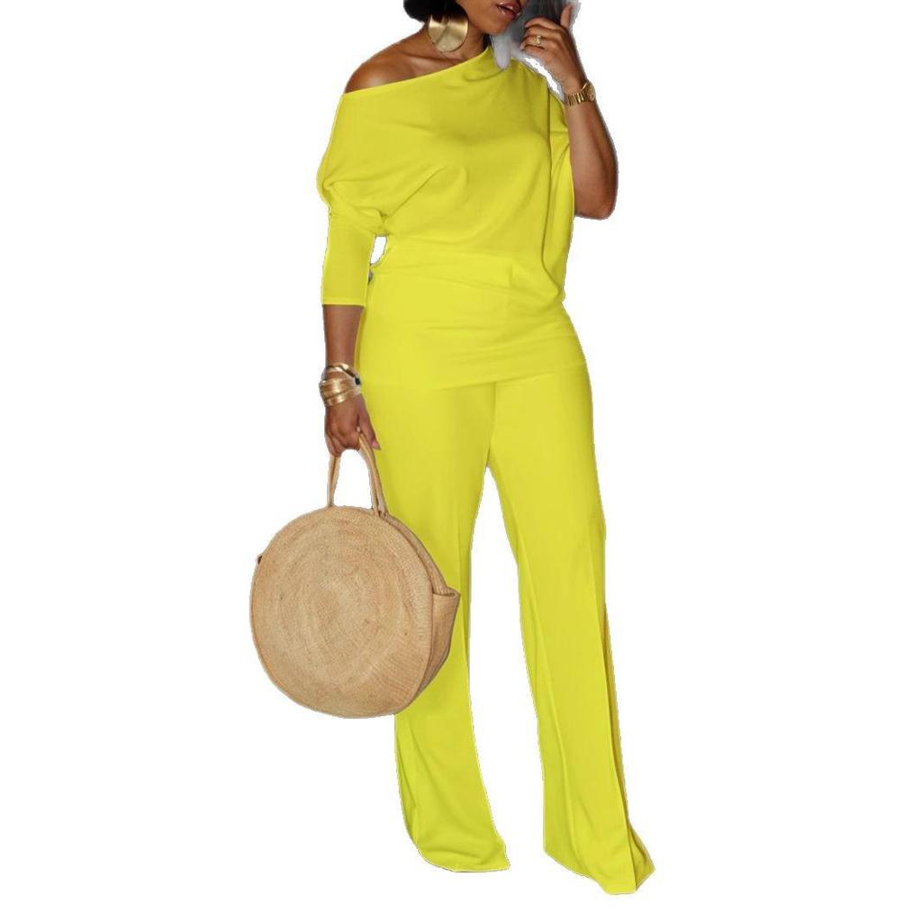 Women's Autumn Fashion Solid Slant Neck Top with Wide Leg Pants Set