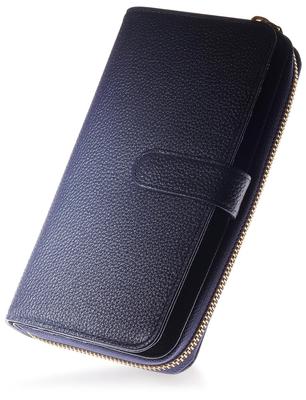 Genuine Leather Long Wallet with Large Holds 30 RFID Skimming Business and Personal Insurance and Foreign Currency SW7 [BLUE SINCERE] Women's