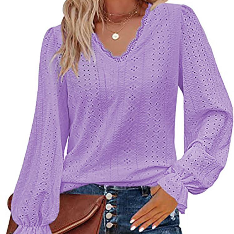 Camiseta Feminina Decote V Primavera Verão Outono Blusas Vazadas Casual Manga Pregueada Top Camisa