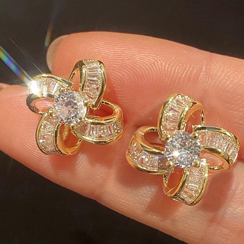 

925 Sterling Silver Flower Earrings for Women Trendy Korean Style Accessories with Bright Zirconia Gold Color Jewelry Gifts