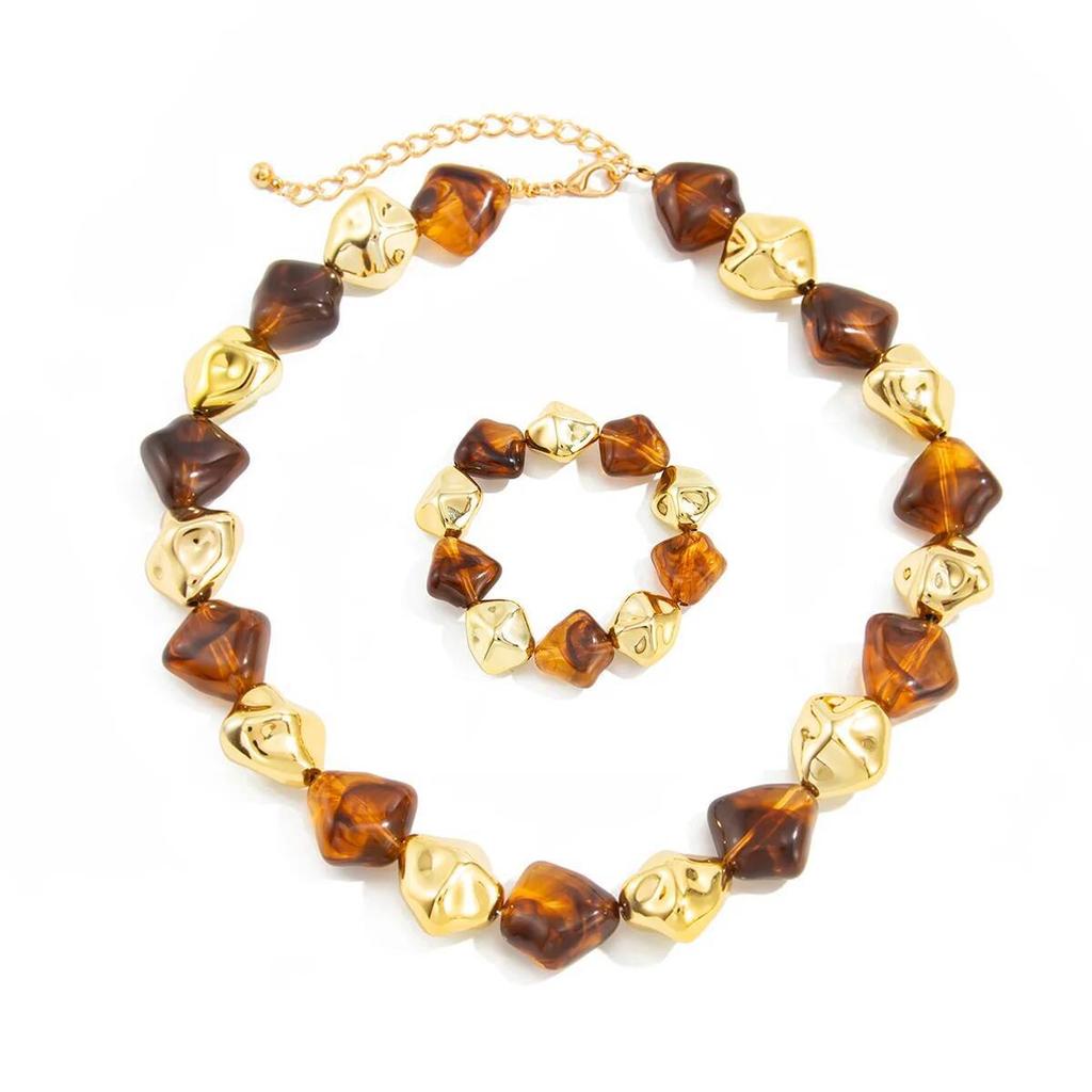 Salircon Boho Resin Acrylic Metal Beaded Necklaces Bracelets Set for Women Vintage Elegant Clavicle Choker Party Jewelry Gifts