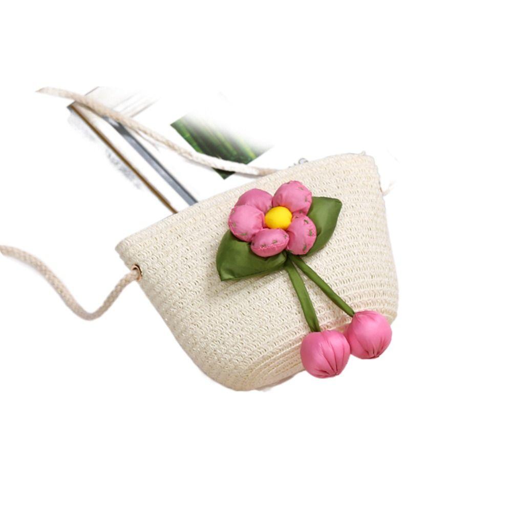 Girl Handmade Woven Straw Bag Summer Coin Purse Flower Storage Basket Zipper Photo Props Crossbody Handbag