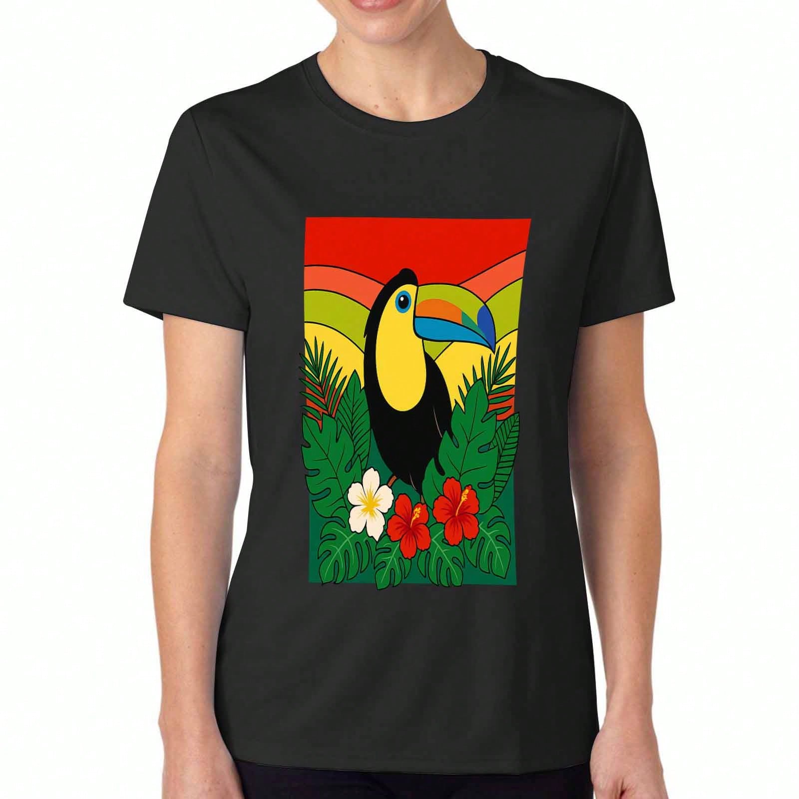 Tropical Toucan Bird Wounisex Cotton T Shirt, Premium Cotton Graphic Print, Durable, Relaxed Fit Fashionable Tee, Tropical Rainforest Jungle Parrot Lo S разноцветный