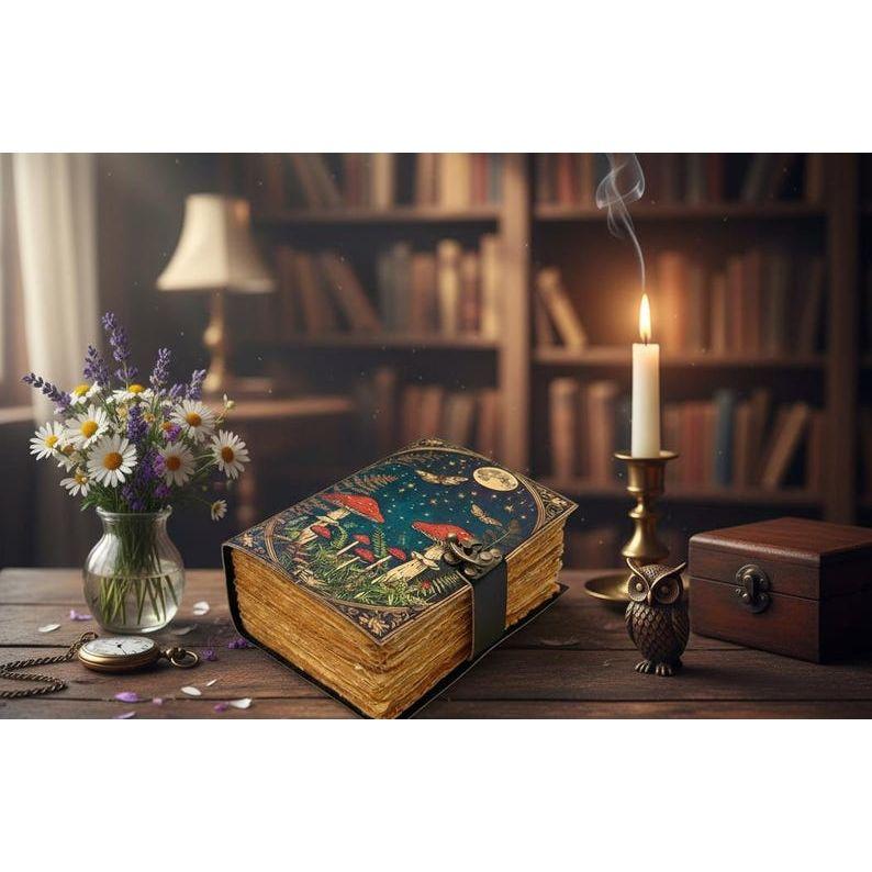 

Mushroom Leather Grimoire Journal: Handmade Antique Deckle Edge Book 7 x 5 in - 200 page