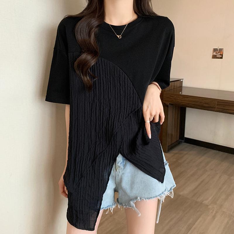 

DIMANAF 2023 Женская летняя нерегулярная футболка с короткими рукавами и расщепленным жирным свободным и узким топом средней длины