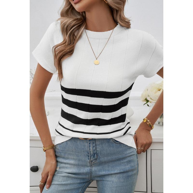 Top with spring temperament slim striped short-sleeved sweater