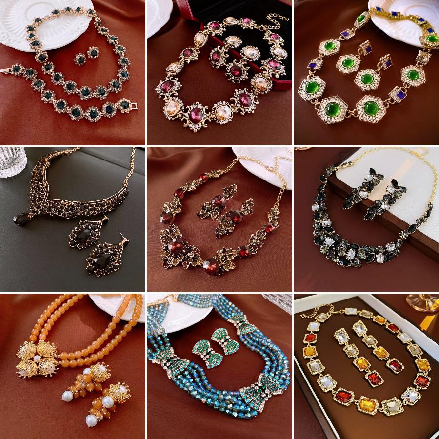 Náhrdelník s květinou z vsazených diamantů a retro náramek s náušnicemi - Evropský a americký styl Klíční kostní řetízek Špičkové šperky