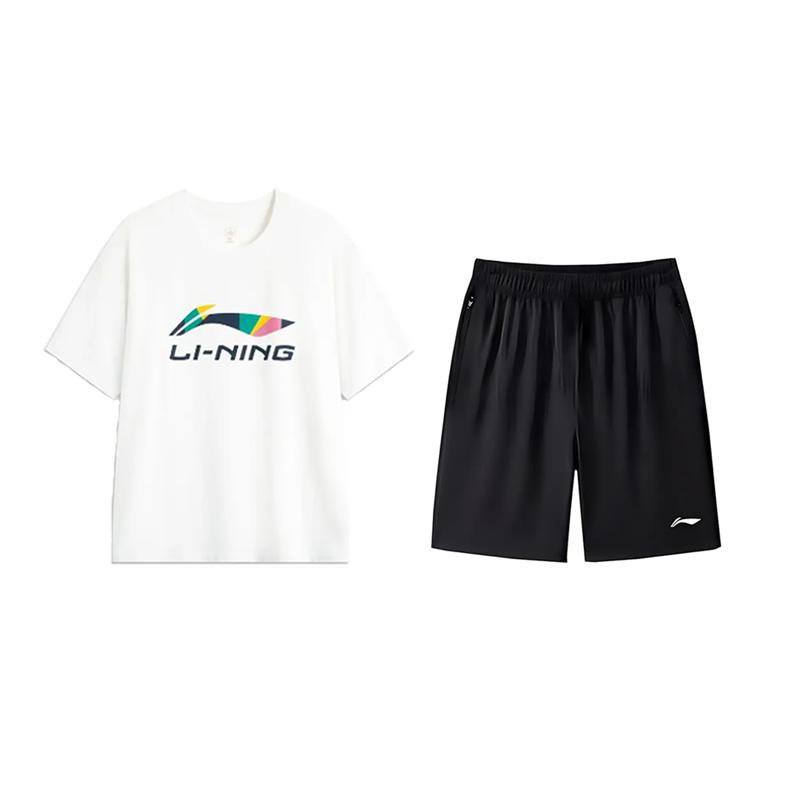 Li Ning Logo Print Round Neck Pullover Short Sleeve T-Shirt Fashion Versatile Comfortable Shorts Casual Sports Set Unisex sets AHSVD61-1+AKSV843-1