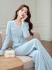 Women's Light Luxury Two-Piece Suit: Blue Short Coat & Wide-Leg Pants