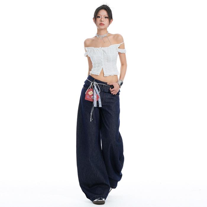2025 Spring Women's Ruffle Edge Double Waist Saber Pants in Washed Spicy Street Style