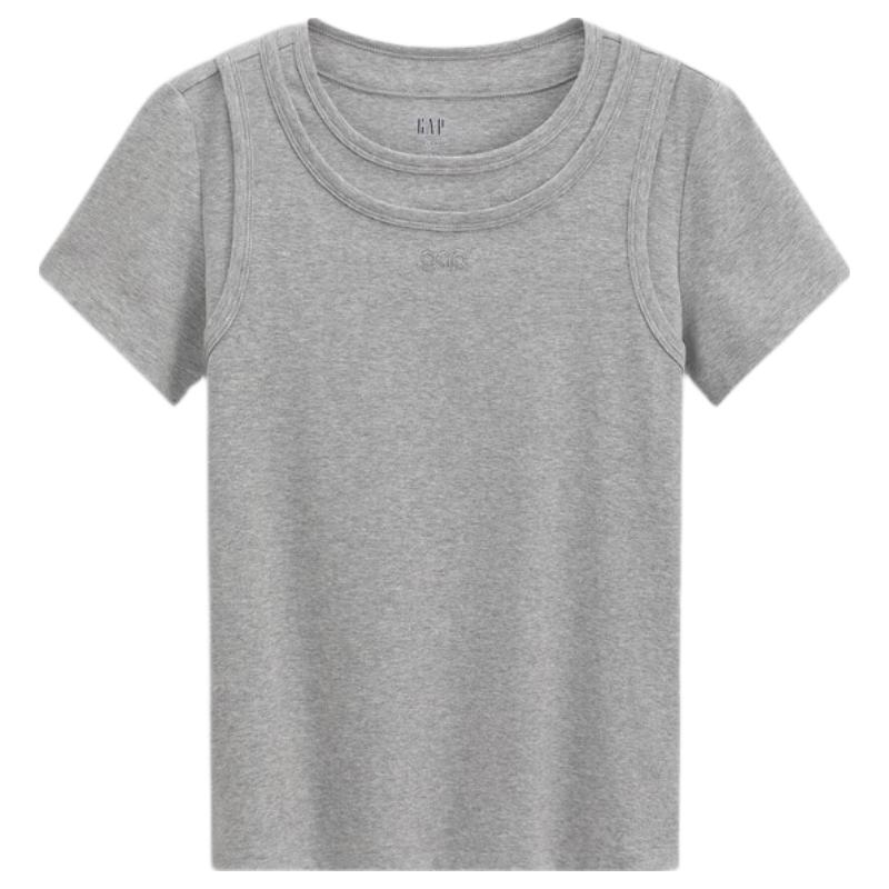GAP Women's 2026 Summer Faux Two-Piece Logo Embroidered Short Sleeve T-Shirt