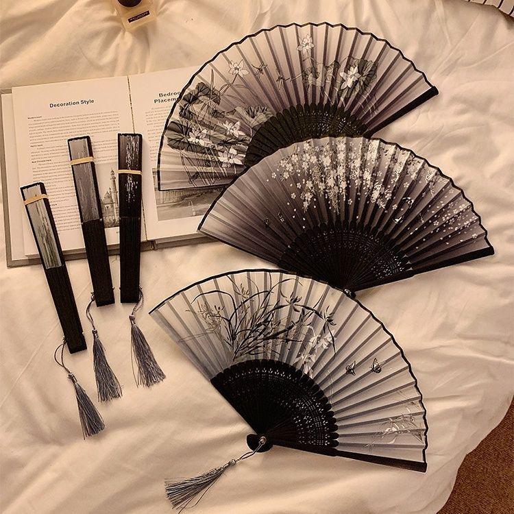 Portable Black Bamboo Folding Fan for Hanfu and Dance
