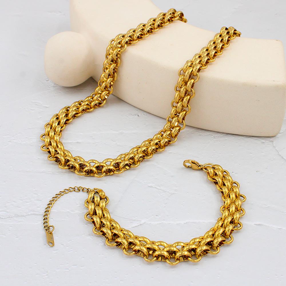 18K Goldplattierter Titanstahl Geflochtene Halskette Armband - Damen Cross-border Hip Hop Schlüsselbein Kette mit Vakuum Farbhaltigkeit