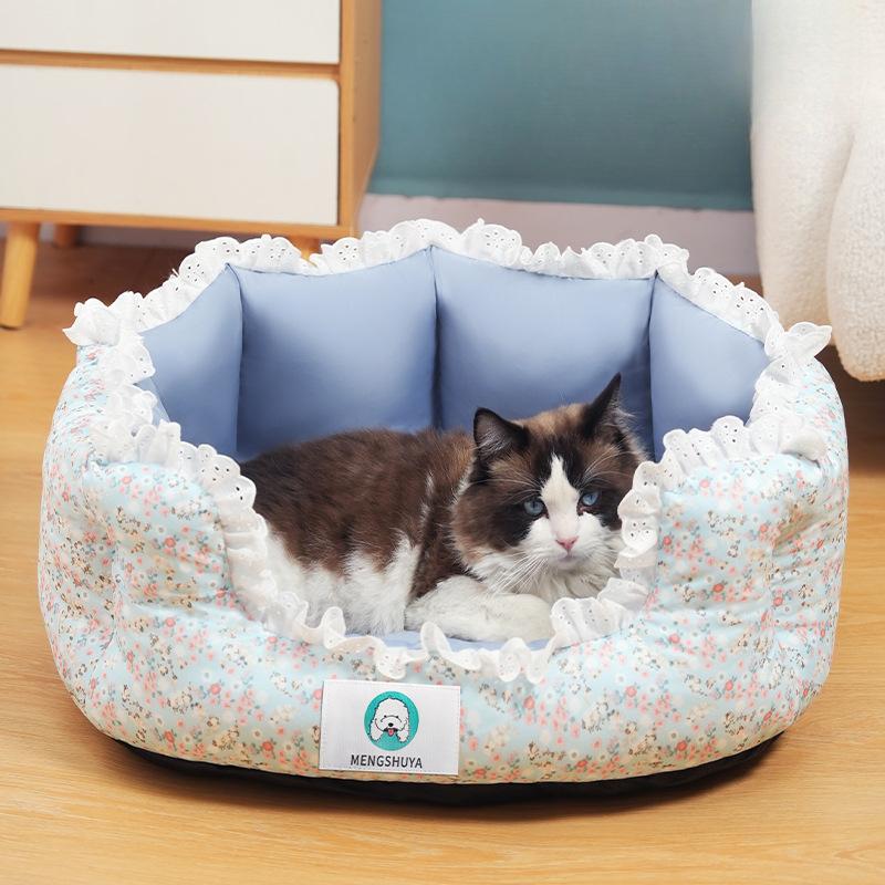 

Кружевная кошачья кровать, мягкая, уютная, мягкая, с цветочным узором, утолщенная и углубленная, из полипропилена и хлопка, сетка для маленьких домашних животных, диван для кошек/собак 35x25cm синий