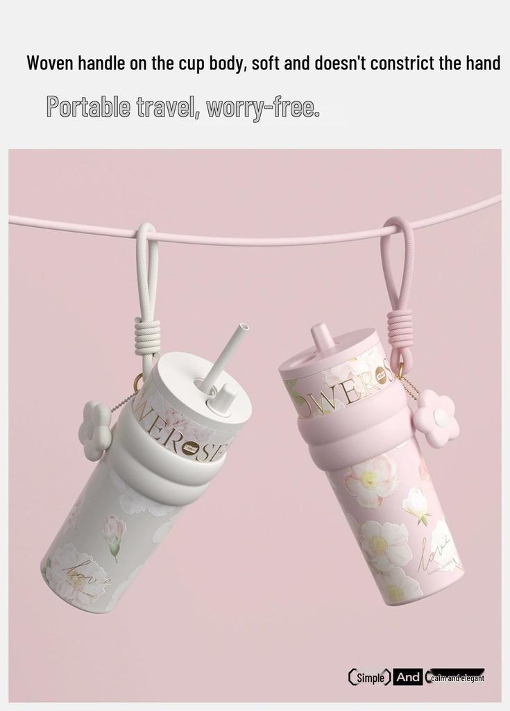 Floral Thermos Mug with Ceramic Liner - Large Capacity, Portable Cooler Cup with Straw for Car