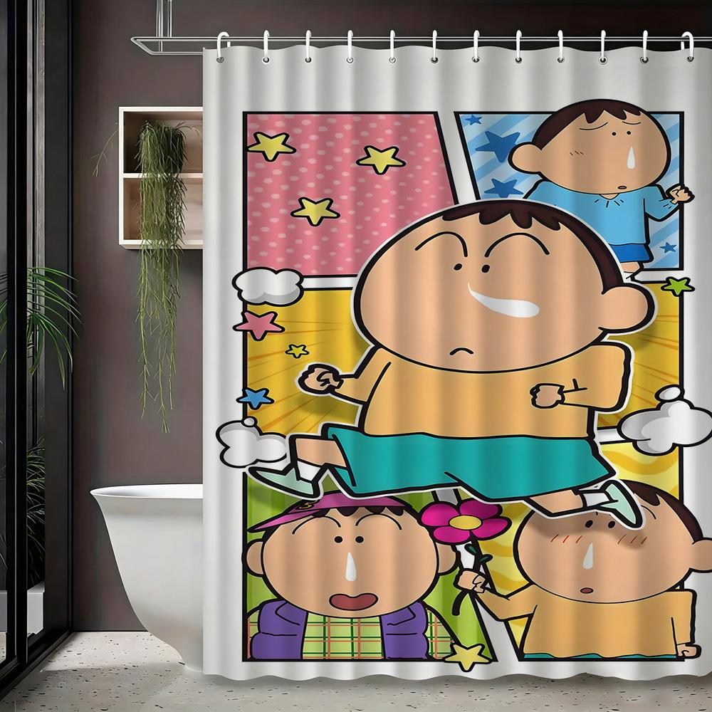 Crayon Shin-Chan & Friends School Uniform & Robot Statue Scene 2D Print Waterproof Shower Curtain, Blue & Yellow Bathroom Decor