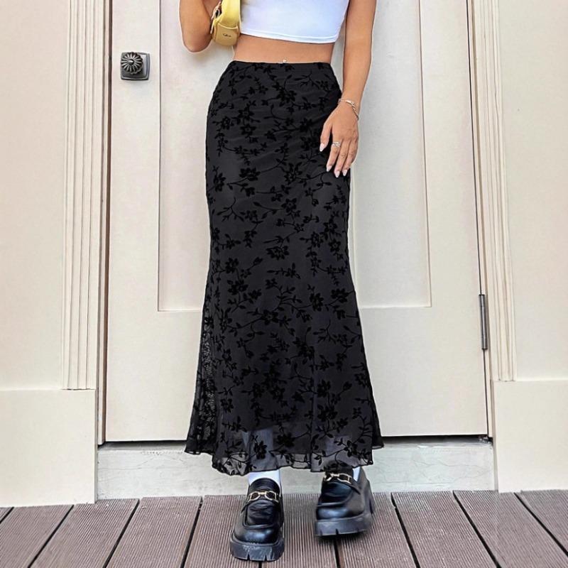 

Autumn new floral half-body fishtail skirt casual versatile outline graceful posture S чёрный