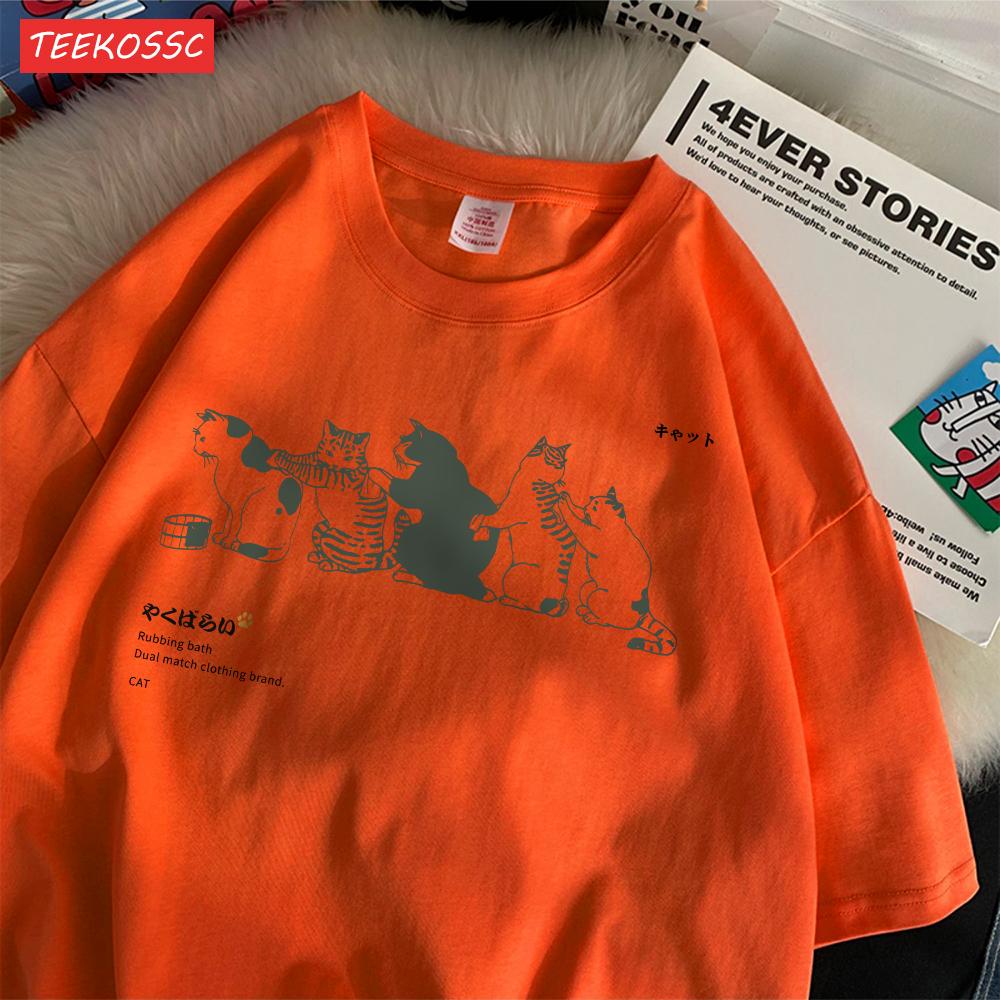 Summer Cotton WomenS TShirts Japanese Vintage Cats Printing Short Sleeve ONeck Breathable Loose Tops Casual Female Clothes