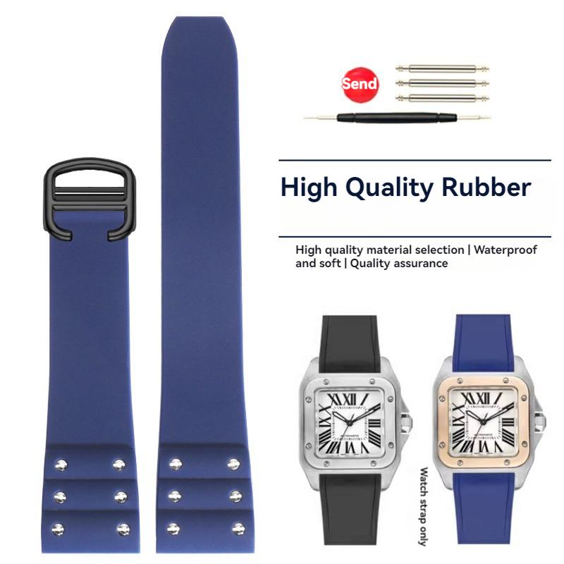 Hochwertiges Gummi-Uhrenarmband für Cartier Santos Armband Santos 100 Serie Schwarz Blau Wasserdichtes Armband Faltschließe Gürtel 21mm