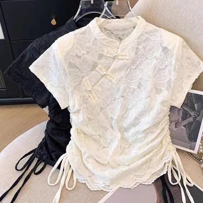 Chinese Style Short-sleeved Stand Collar Improved Cheongsam Women's Blouse Casual Fashion Lace Daily Qipao