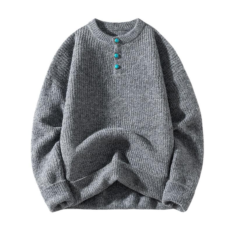 Nový podzimní a zimní svetr s kulatým výstřihem a knoflíky a pletený svetr pro muže, univerzální