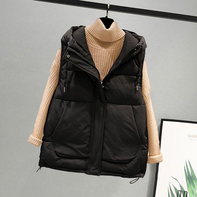 

Женский осенне-зимний короткий свободный жилет с капюшоном, студенческая однотонная куртка без рукавов XS