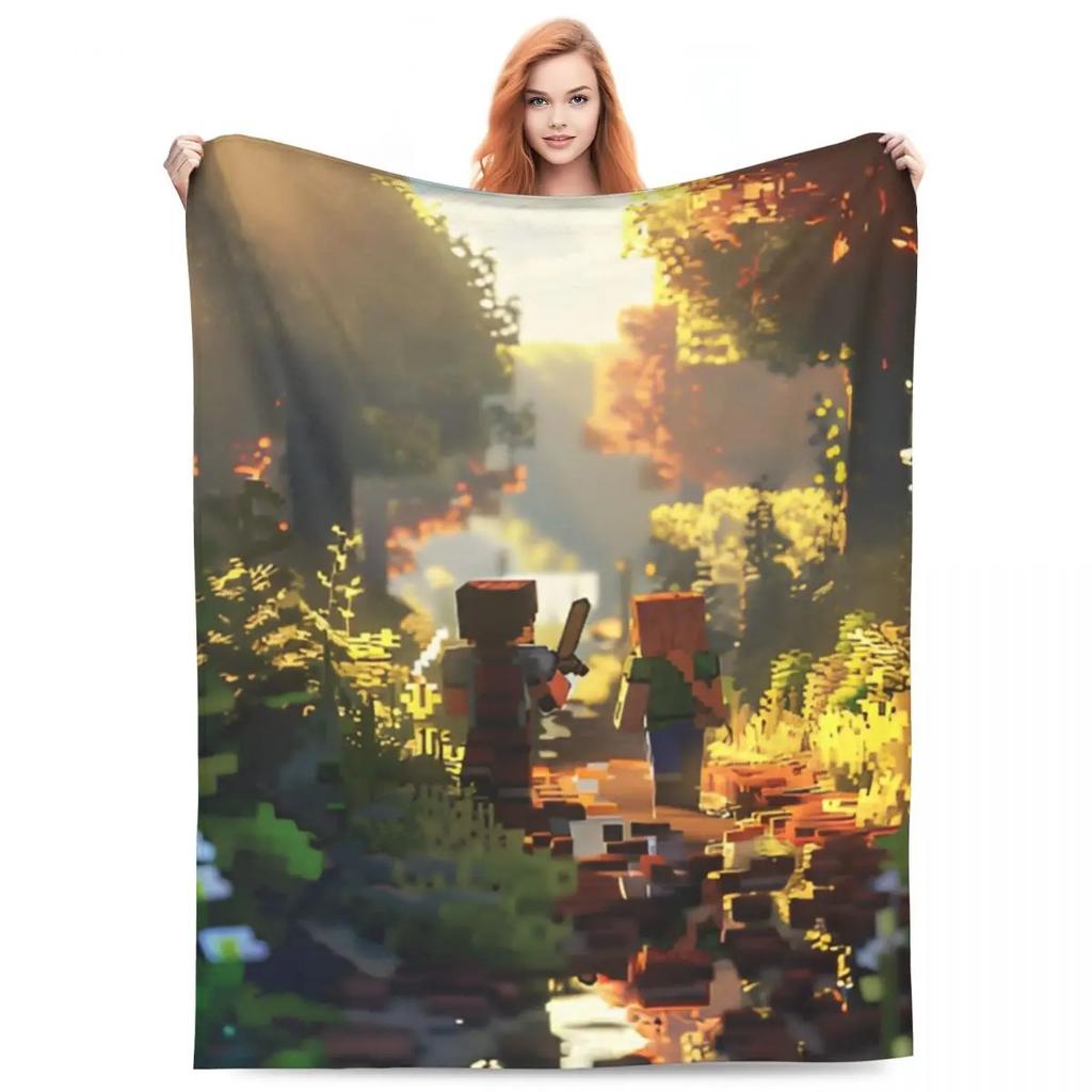 Cartoon Mines Pixel Game Crafts Flannel Blanket Super Warm Throw Blanket for Home Decor Decorative Street Trend Bedspread
