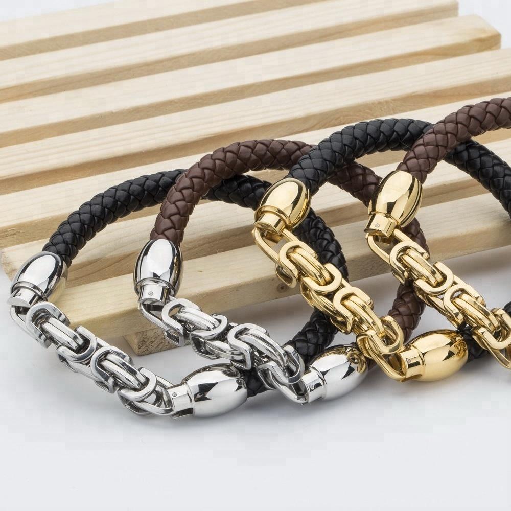 New Fashion Genuine Leather Bracelet Men Casual Classic Stainless Steel Bracelets Brand Wrap Charm Male Bracelets