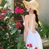 French V-neck White Moonlight Lace Splicing Island Photo Beautiful Summer Seaside Vacation Wind Suspender Dress Women