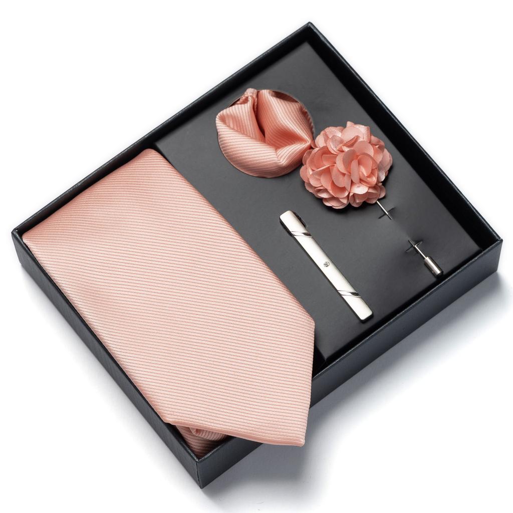 This solid color 4-piece men's tie gift set includes a brooch, corsage, and handkerchief. It's a perfect gift for Valentine's Da