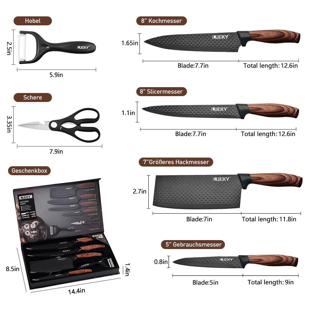 6PCS Kitchen Knives Stainless Steel Chef Knife Meat Clever Slicing Peeling with Scissor Anti-Rust & Ergonomic Design,Family Gift