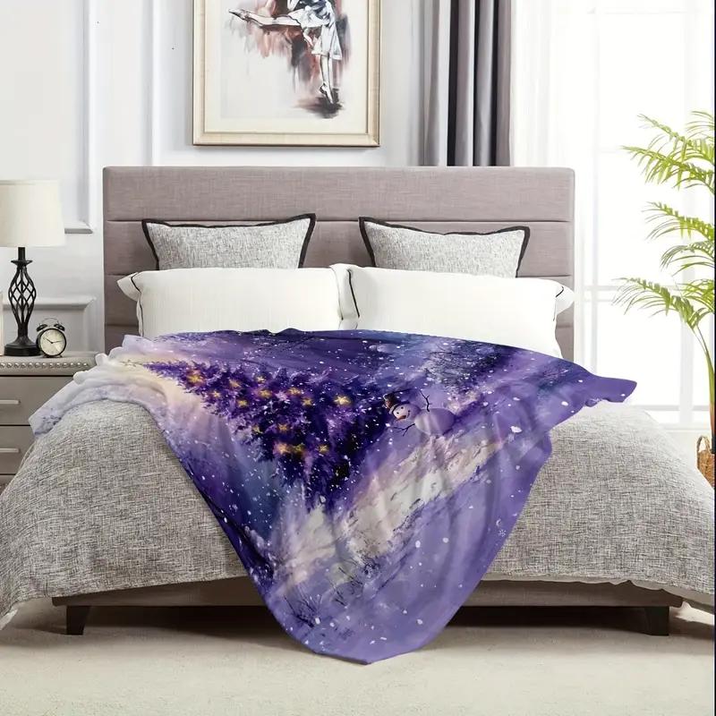 Purple Christmas Tree Snowman Blanket Flannel Blanket - Cozy and Warm, Great for Bed, Travel, Camping and Office Decoration