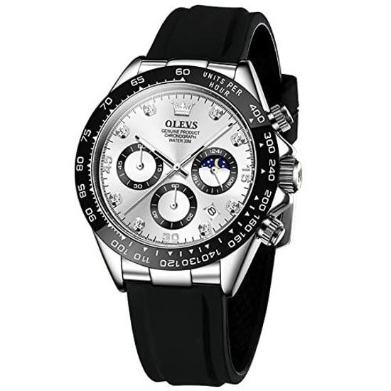 OLEVS Mens Watch Waterproof Chronograph Silicone Strap Large Analog Quartz Silver White Dial Date