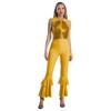 Womens Shiny Sequins Jumpsuit Sleeveless Turn-Down Collar Zipper Rhinestone O-Ring Front Tiered Bell-Bottom Bodysuit