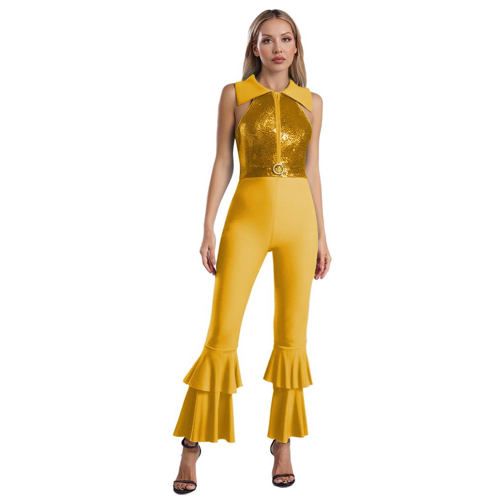 Womens Shiny Sequins Jumpsuit Sleeveless Turn-Down Collar Zipper Rhinestone O-Ring Front Tiered Bell-Bottom Bodysuit