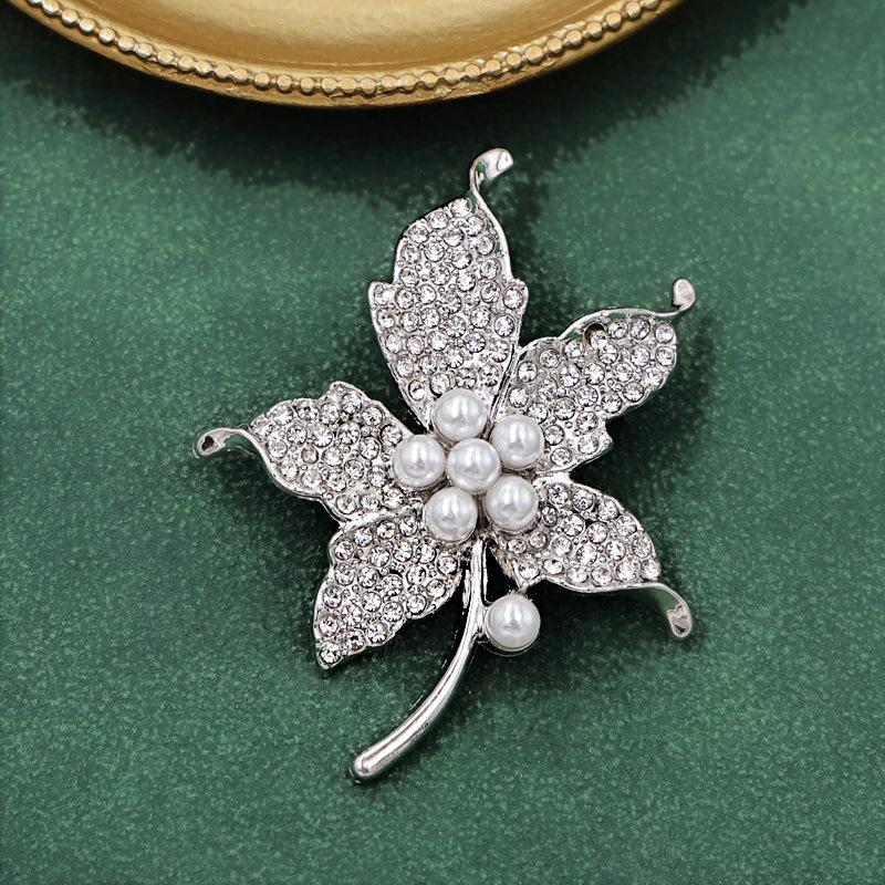 Elegant Pearl Rhinestone Maple Leaf Brooch - High-End Women's Clothing Pin and Corsage