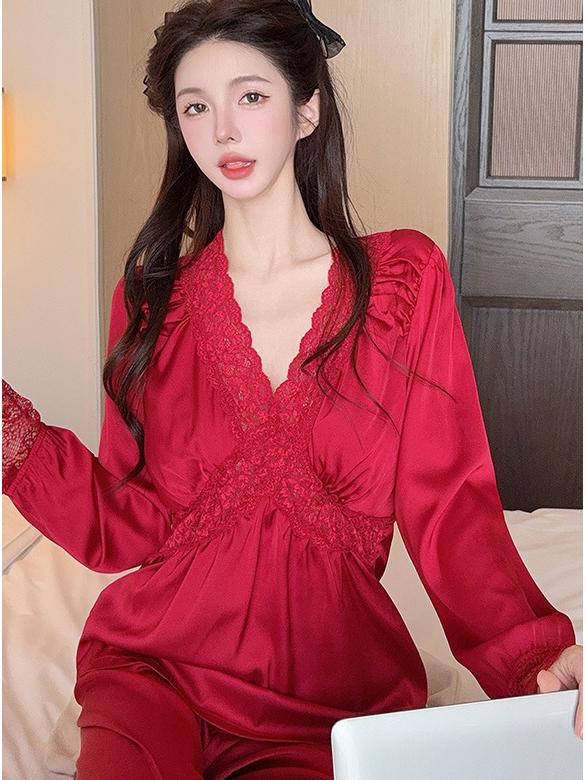 

French Lace V-neck Ice Silk Pajama Set for Women - Long Sleeve & Pants, Home & Outdoor Wear, Spring/Autumn Pajamas M: 80-100 jin красный