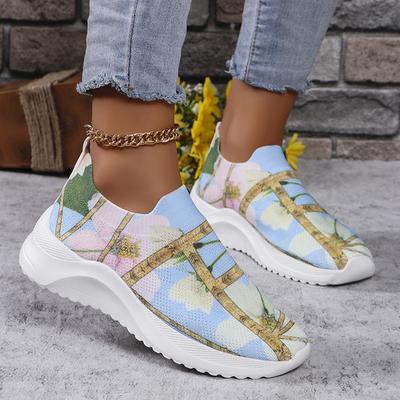 Baskets tricotées à imprimé tendance pour femmes, chaussures de course légères à semelle souple, chaussures de tennis respirantes à enfiler, grande taille