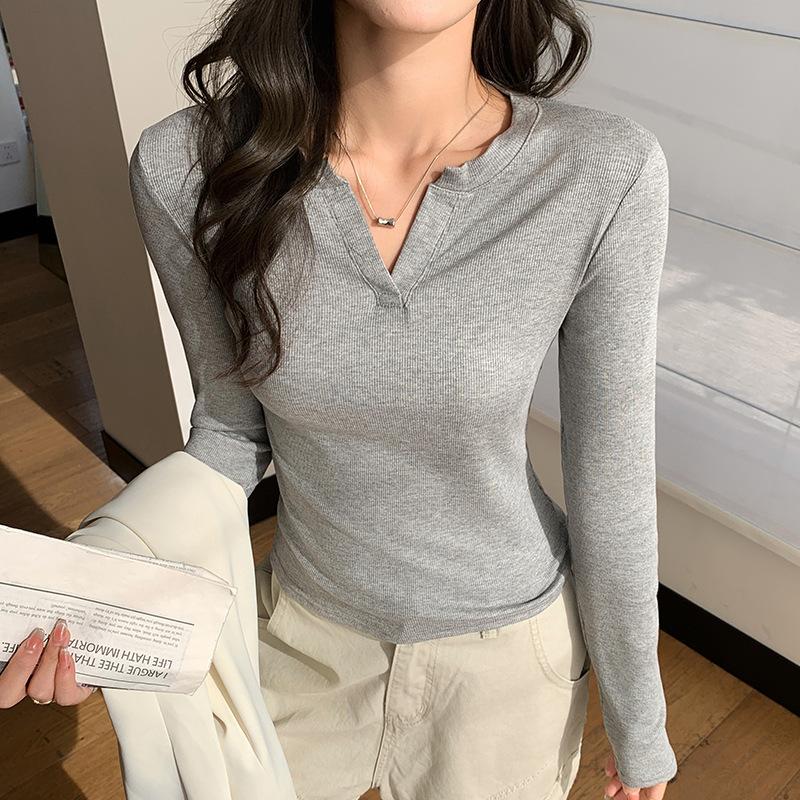 Spring Autumn V-neck Solid Color Bottomed Tee Women Long Sleeve Casual Fashion Pullover T-shirt Top