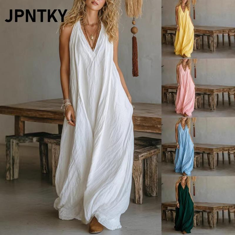 JPNTKY Fashion Summer Spring Solid Color Print Sleeveless V-Neck Casual Dresses International design