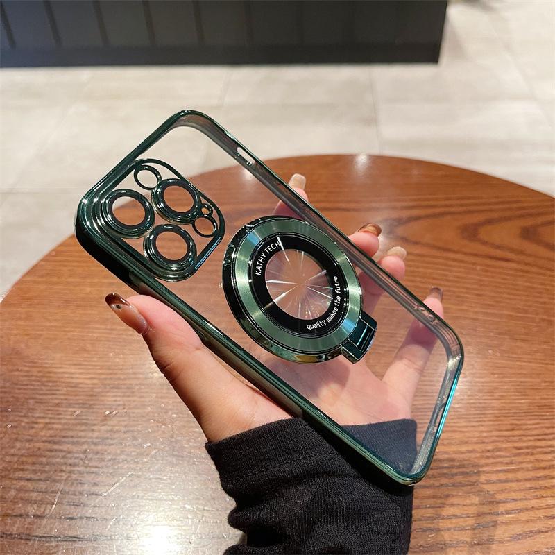 Applicable To IPhone 16 Mobile Phone Case Magnetic Suction Bracket Transparent Electroplating 14 Apple 15 Pro Protective Case 3 with Lens Film