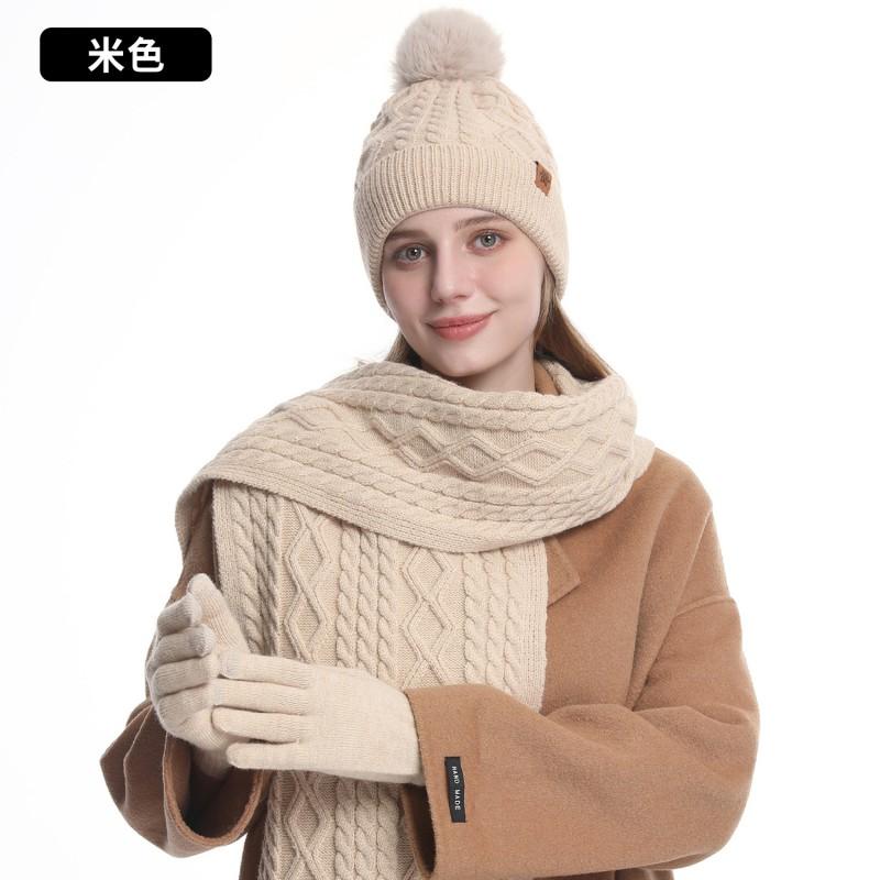 Women Winter Knit Hat Scarf Gloves Set Warm Fleece Lined Acrylic Beanie Ear Protection Cycling Daily Wear