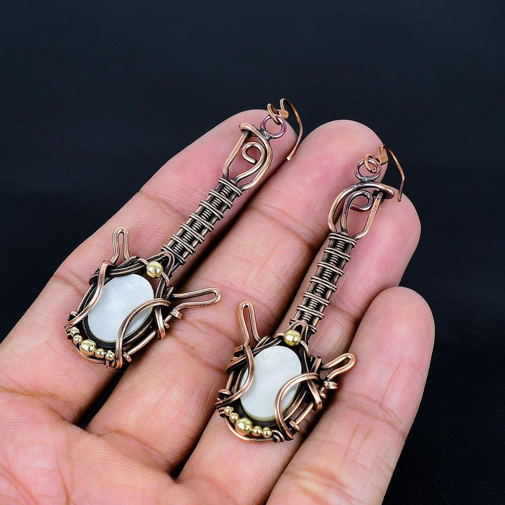 Mother Of Pearl Earrings, 999 Copper Wire Wrapped Earrings Handmade Gemstone Jewelry, Gifts For Wife Brand New Earrings