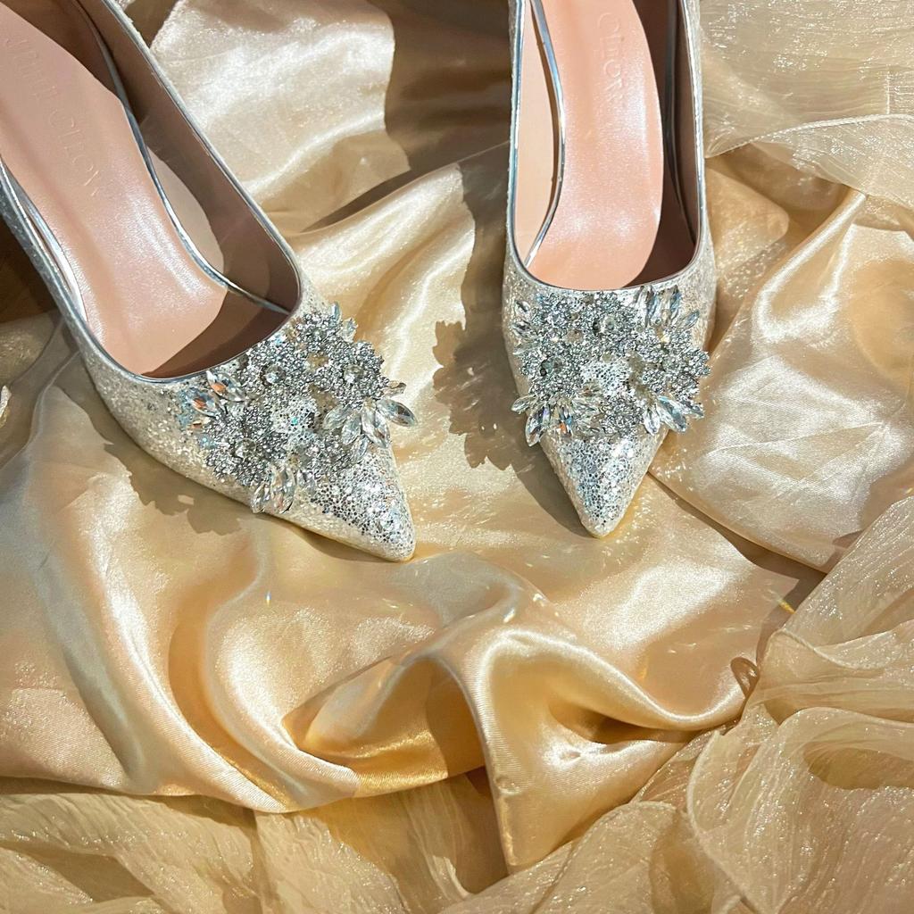 688-8 Hochzeitsschuhe, Damen Xiuhe Hochzeitskleid, zwei Kristallschuhe, neue Brautschuhe, Champagner Strass High Heels