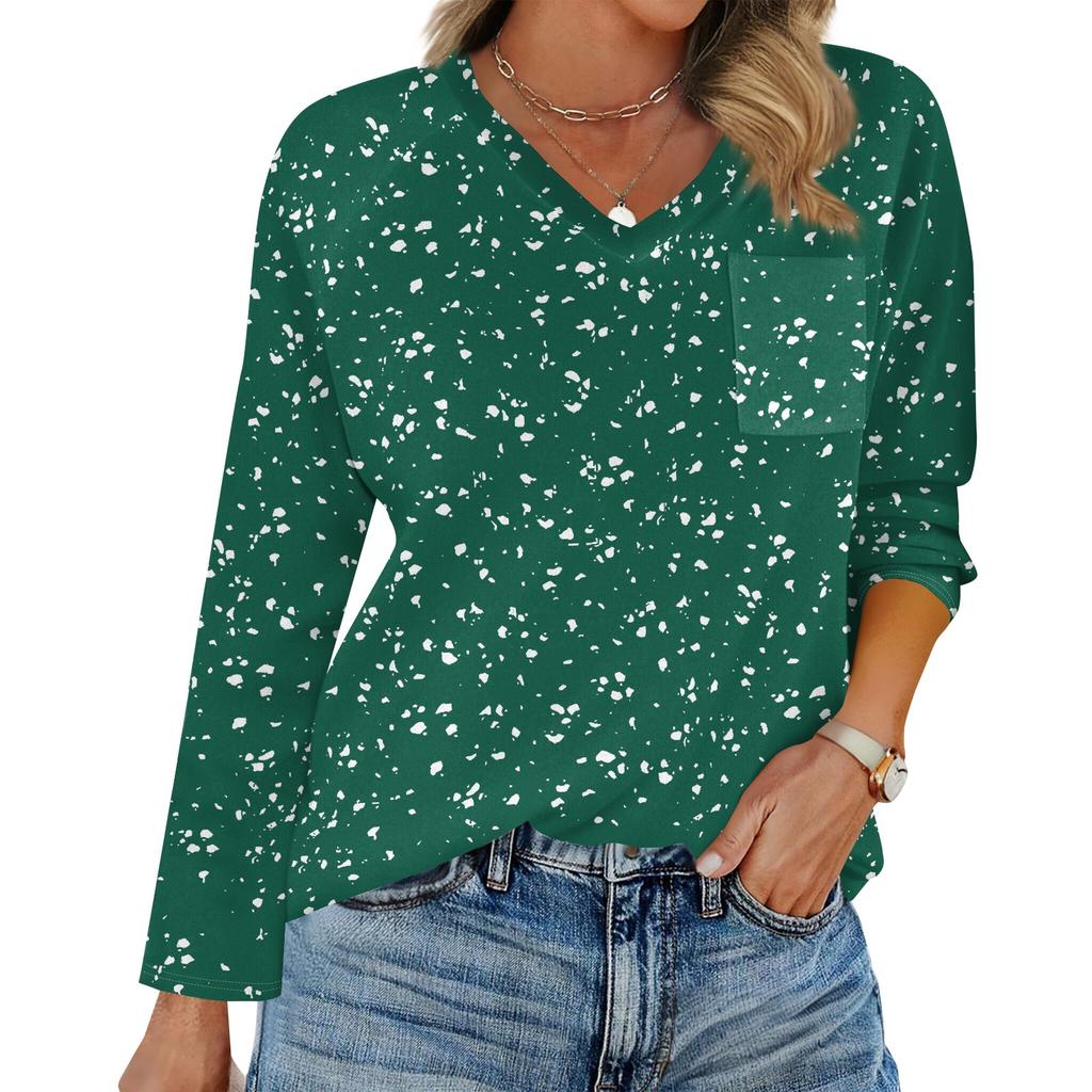 Women's Raglan Long Sleeve V-Neck T-Shirt Splicing Solid Color Casual Top Pullover V-Neck Pocket Bottoming Shirt